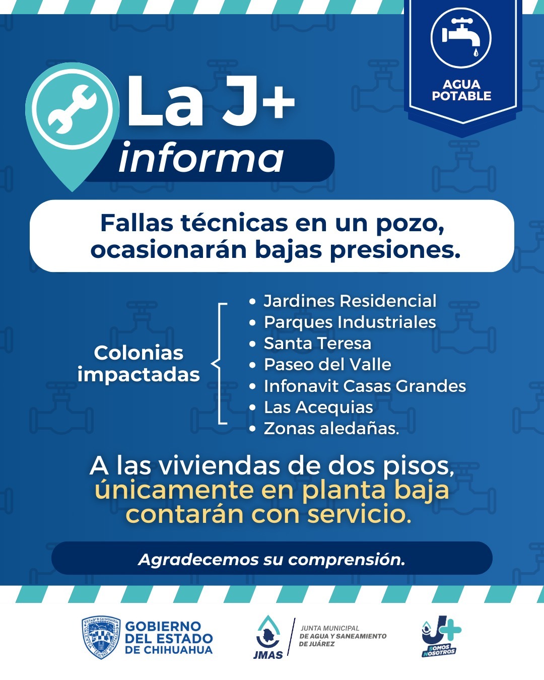 *DEBIDO A FALLAS MECÁNICAS EN UN POZO, SE PODRÍA GENERAR BAJA PRESIÓN EN VARIAS COLONIAS*