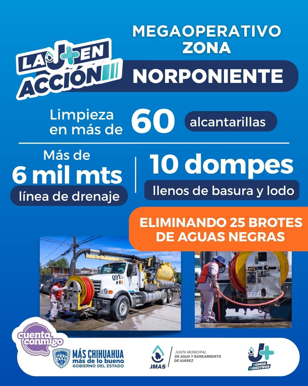 Limpia la J+ más de 6 mil metros de drenaje en el norponiente de Ciudad Juárez*•	*Se eliminaron 25 brotes de aguas negras*•	 *Se retiraron 10 dompes de lodo y basura de la red sanitaria*