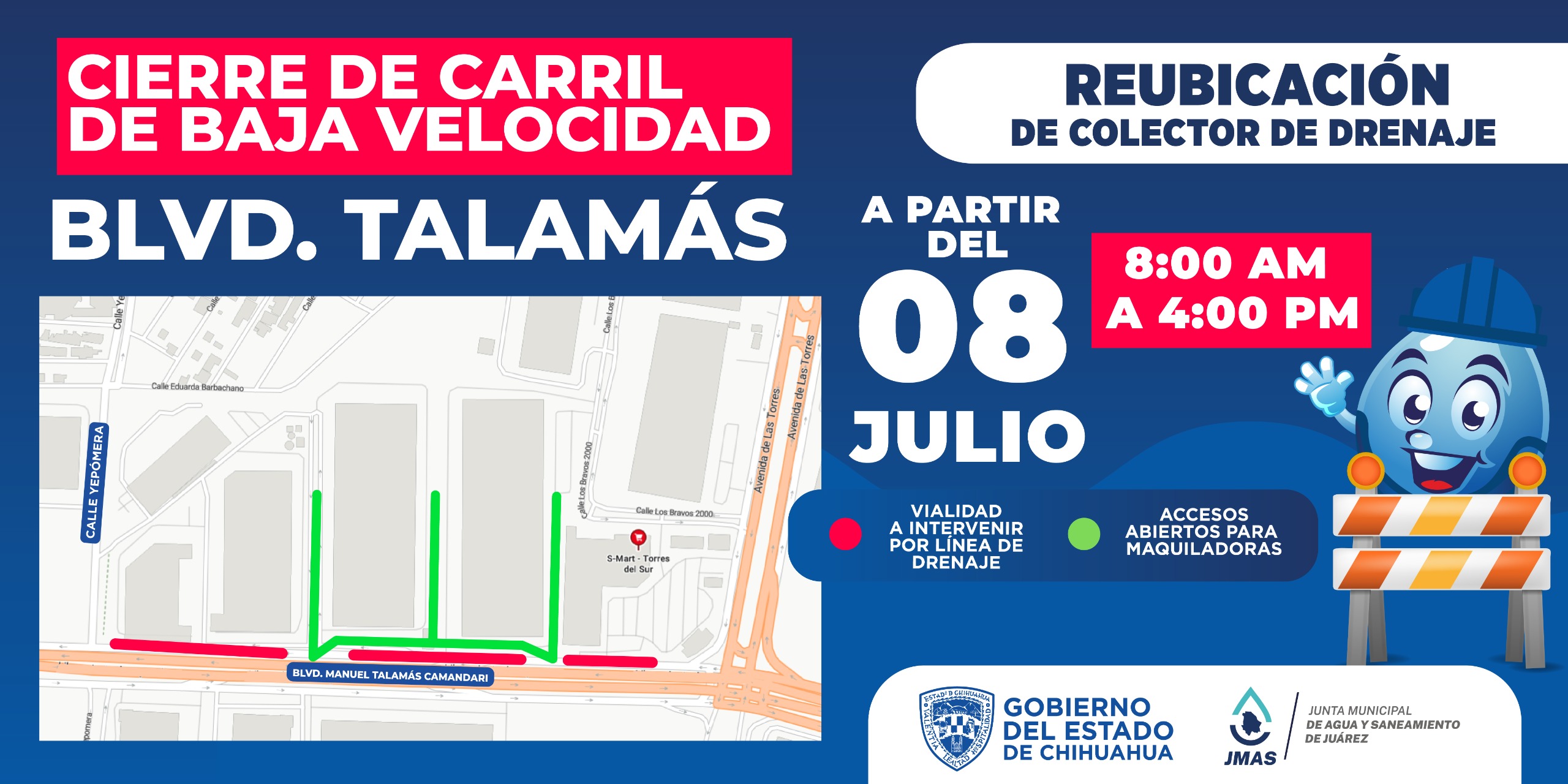 Iniciará JMAS trabajos sobre bulevar Talamás Camandari por construcción del Puente Paso Las Torres- Talamás Camandari